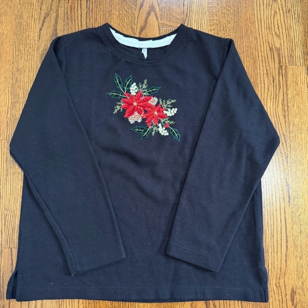 White Stag Christmas Holiday Long Sleeve Black Thermal Poinsettia Size Medium